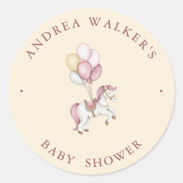 Adesivo Redondo Pastel Pink Cute Horse Balloons Girl Baby Shower