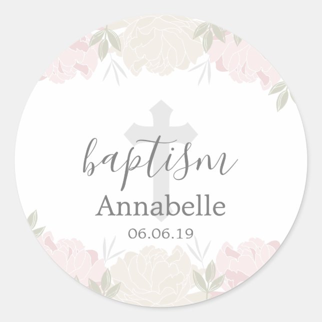 Adesivo Redondo Pastel Pink e Ivory Floral Baby Baptism (Frente)