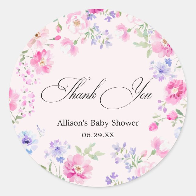 Adesivo Redondo Pastel Pink Floral Baby Shower Thank You (Frente)