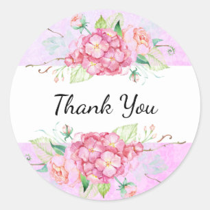 Adesivo Redondo Pastel Pink Hydrangea Flower Obrigado