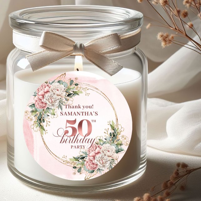 Adesivo Redondo Pastel Pink Rose Gold Greenery 50th Birthday   (Pastel Pink Rose Gold Greenery 50th Birthday Stickers)