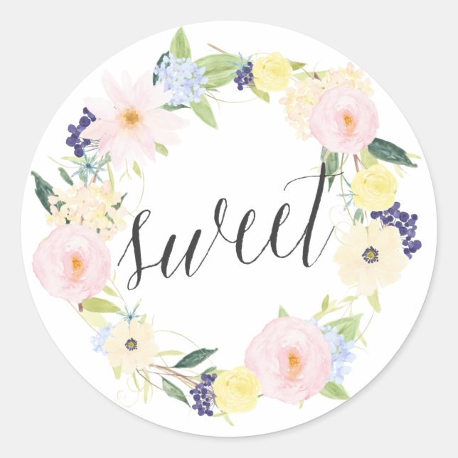 Adesivo Redondo Pastel Primavera Floral Wreath | Doces Stickers (Frente)