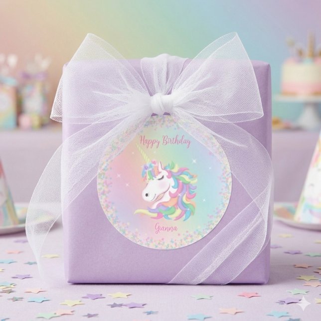 Adesivo Redondo Pastel Rainbow Unicorn Happy Birthday (Criador carregado)