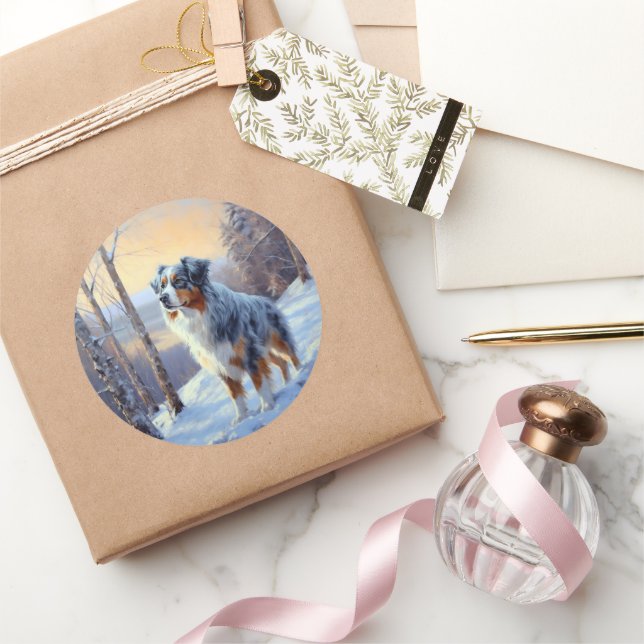 Adesivo Redondo Pastor Australiano Deixa Neve Natal (Presentear)