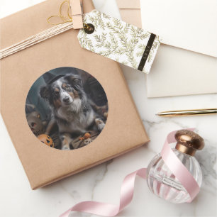 Adesivo Redondo Pastor australiano Pumpkins Halloween Assustado