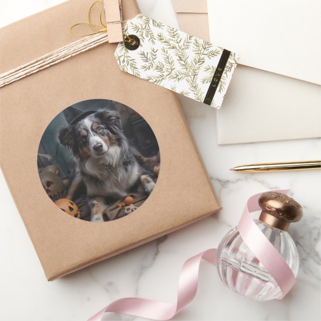 Adesivo Redondo Pastor australiano Pumpkins Halloween Assustado (Presentear)