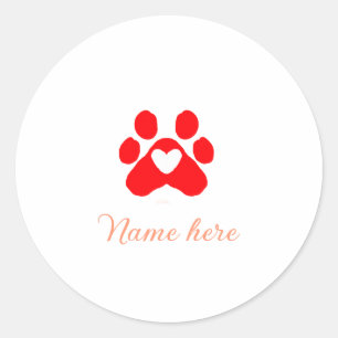 Adesivo Redondo Pata de cachorro coração vermelho adicionar nome t