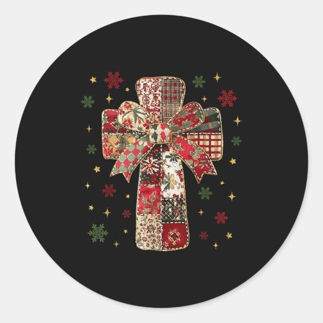 Adesivo Redondo Patchwork Cross Christian Christmas Coquette Bow  (Frente)