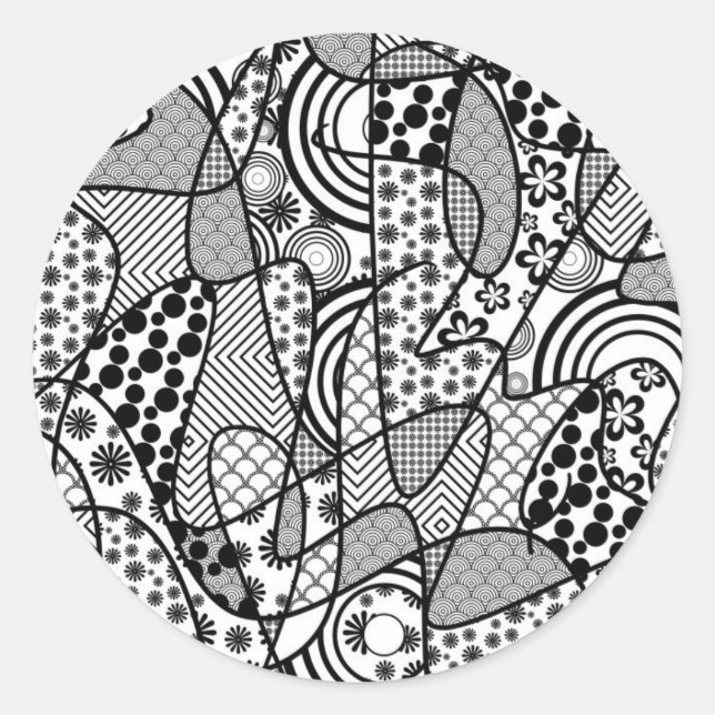 Adesivo Redondo Patchwork Preto e Branco de Padrões 02 (Frente)