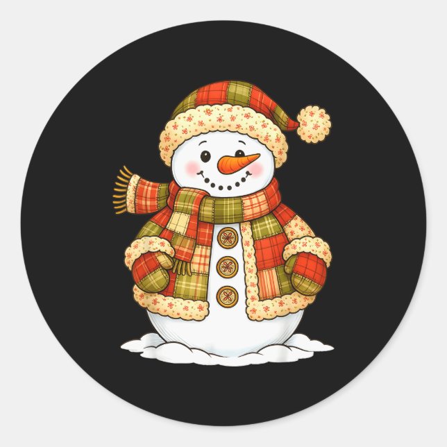 Adesivo Redondo Patchwork Snowman Retro Funny Snowman Holiday Chri (Frente)