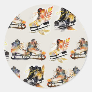 Adesivo Redondo Patins de gelo aquarela com padrão de folhas de ou