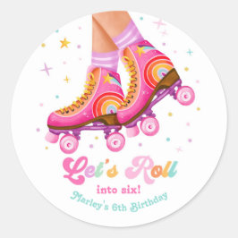 Adesivo Redondo Patins Vamos Rolar Menina de Aniversário de Patina