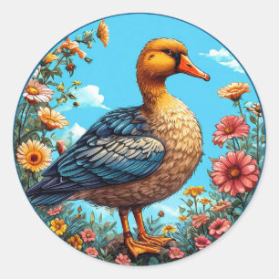 Adesivo Redondo Pato Colorido em Pé no Meio de Flores Vibrantes