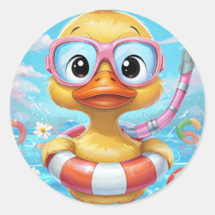 Adesivo Redondo Pato do Partido da Piscina de Caricatura com Snork