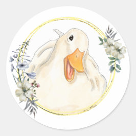 Adesivo Redondo Pato Feliz, Bichinho, Fita À Mão, Frame Floral