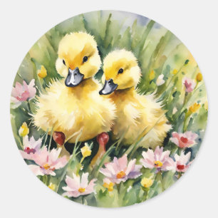 Adesivo Redondo Patos de Aquarelas no Prado de Flores Selvagens