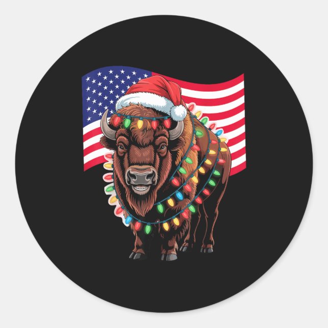 Adesivo Redondo Patriotic Bison Buffalo Christmas Usa Flag Holiday (Frente)