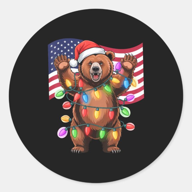 Adesivo Redondo Patriotic Christmas Grizzly Bear Holiday Light San (Frente)
