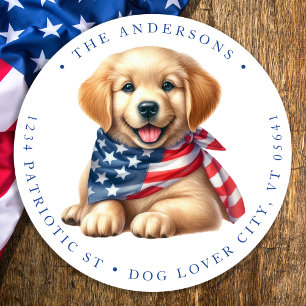 Adesivo Redondo Patriotic Puppy 4 De Julho Endereço De Retorno De