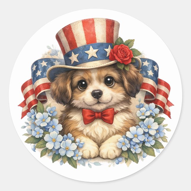 Adesivo Redondo Patriotic Red White Blue Puppy (Frente)