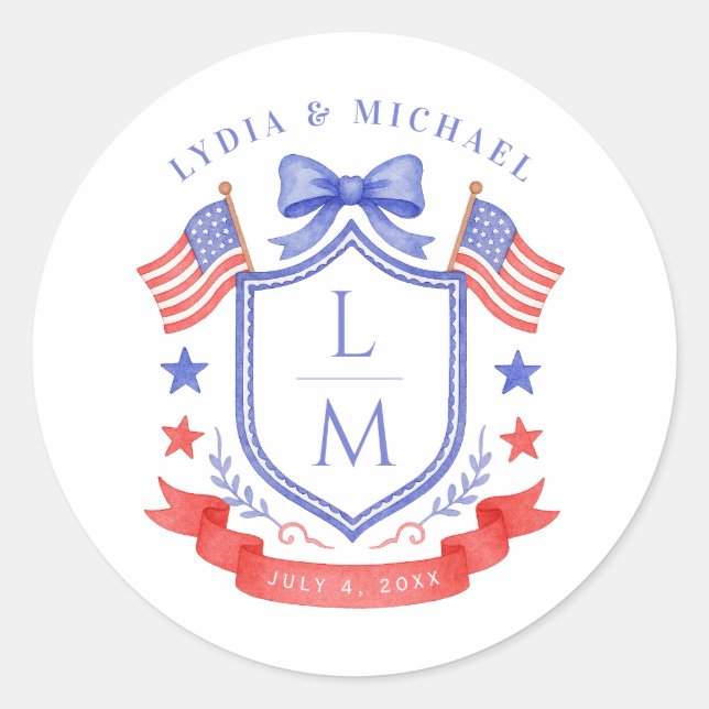 Adesivo Redondo Patriotic Red White & I Do Monogram Wedding (Frente)