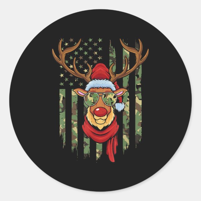 Adesivo Redondo Patriotic Reindeer Camo American Flag Veteran Chri (Frente)