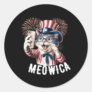 Adesivo Redondo Patriótica Meowica 4 de julho Cat American Flag Se