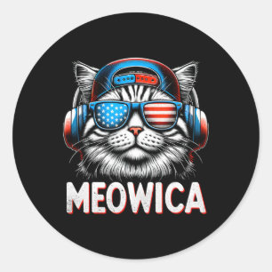 Adesivo Redondo Patriótica Meowica 4 De Julho Cat American Flag Us