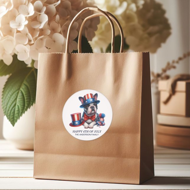 Adesivo Redondo Patriótico Buldogue Superior Chapéu Vermelho Branc (Patriotic Boxer/dog gift bag sticker)