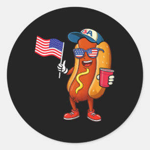 Adesivo Redondo Patriótico do Quarto de Julho do Hotdog Engraçado