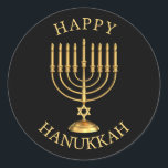 Adesivo Redondo Pau clássico de Hanukkah redondo feliz<br><div class="desc">Ouro Happy Hanukkah.</div>