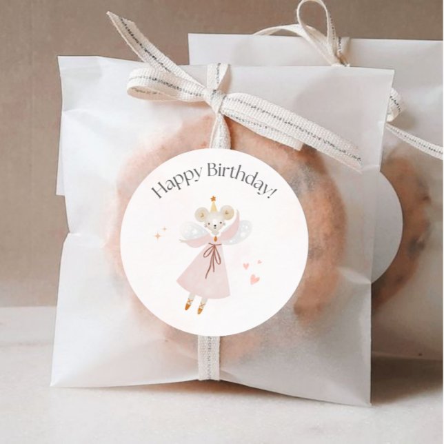 Adesivo Redondo Pau de aniversário feliz, Design de rato bonito (Criador carregado)