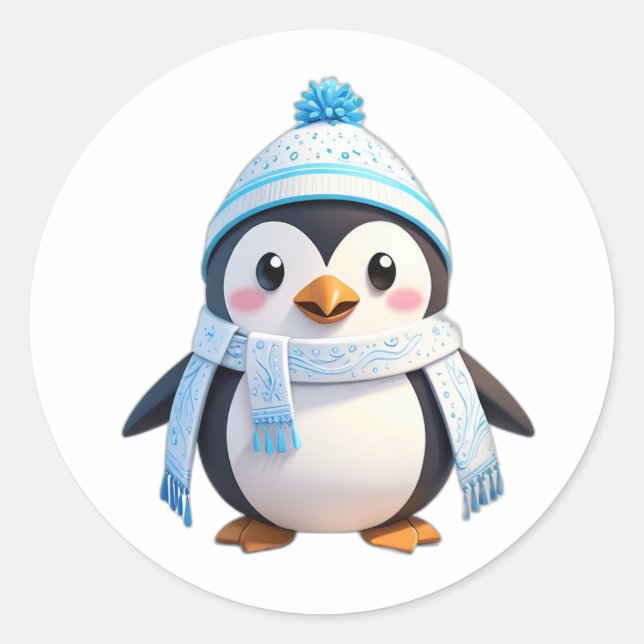Adesivo Redondo Pau de pinguim com cachecol e neve (Frente)