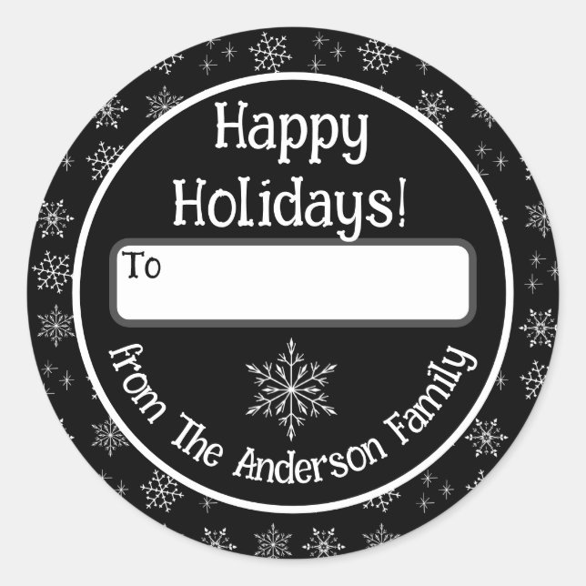 Adesivo Redondo Pau Preto Feriado Feliz com Flocos de Neve (Frente)