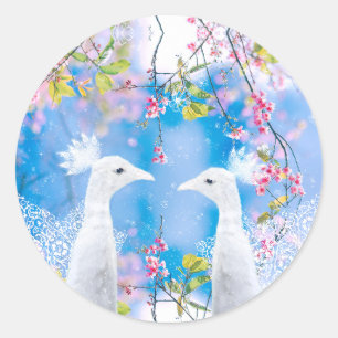 Adesivo Redondo Pavão branco e sakura em flor / Amor romântico