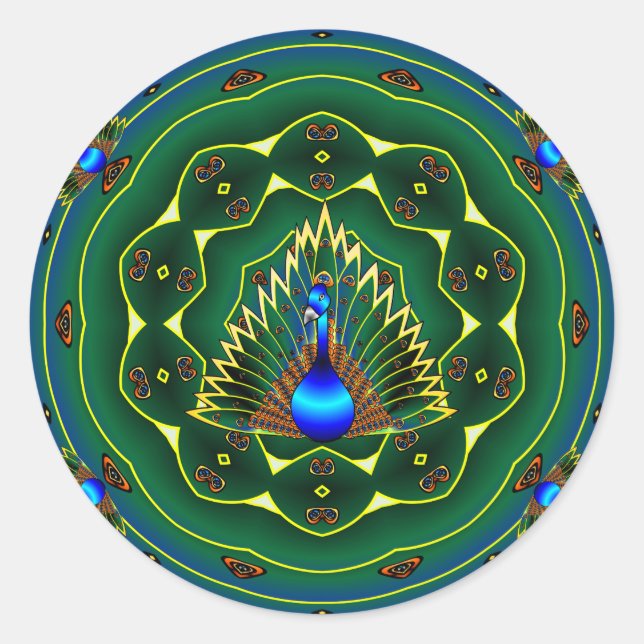 Adesivo Redondo Pavão Caleidoscópio Azul - Fundo Verde (Frente)
