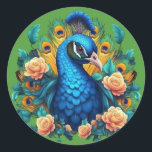 Adesivo Redondo Pavão com Rosas Pêssego<br><div class="desc">Veja a beleza majestosa de nossa impressionante obra de arte com um pavão resplandecente adornado com uma cascata de rosas cor de pêssego. Cores vibrantes e detalhes intrincados trazem essa criatura magnífica à vida, com sua plumagem iridescente brilhando em tons de azul, verde e dourado, enquanto rosas delicadas adicionam um...</div>