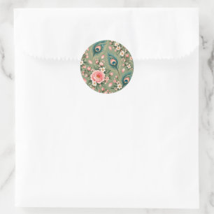 Adesivo Redondo Pavão de Casamento Botânico Arte Floral Vintage