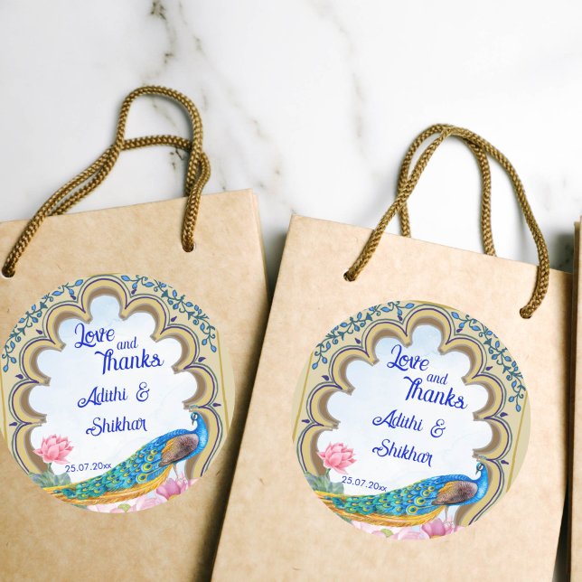 Adesivo Redondo Pavão de casamento indiano, Rajasthan, janela azul (Indian wedding thank you favor gift stickers Rajasthan window border blue peacock favor stickers)
