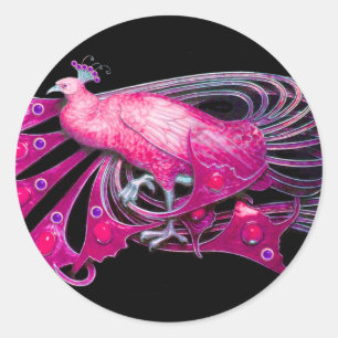 ADESIVO REDONDO PAVÃO ELEGANTE EM COR-DE-ROSA, FÚCSIA, PRETO