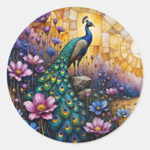 Adesivo Redondo Pavão em Paisagem Floral