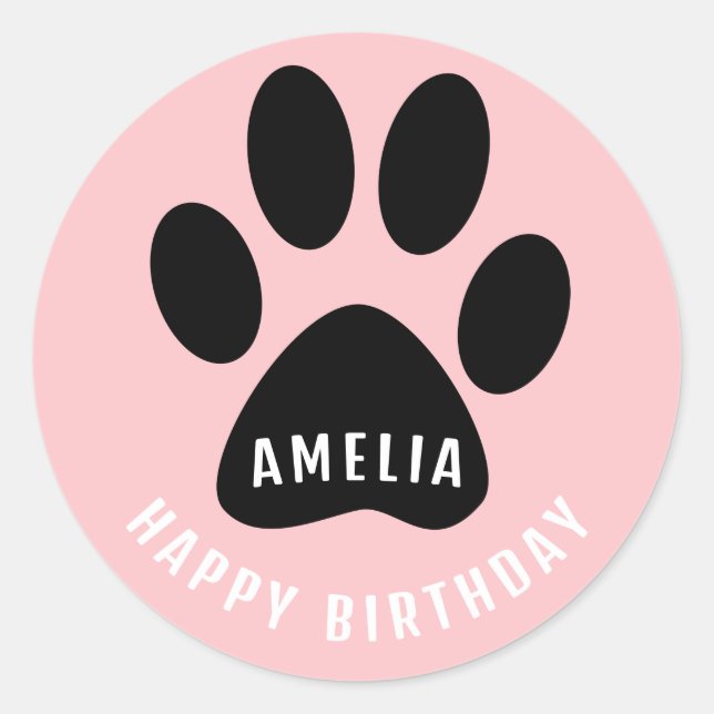 Adesivo Redondo Paw Print Pink Happy Birthday Sticker with Name (Frente)