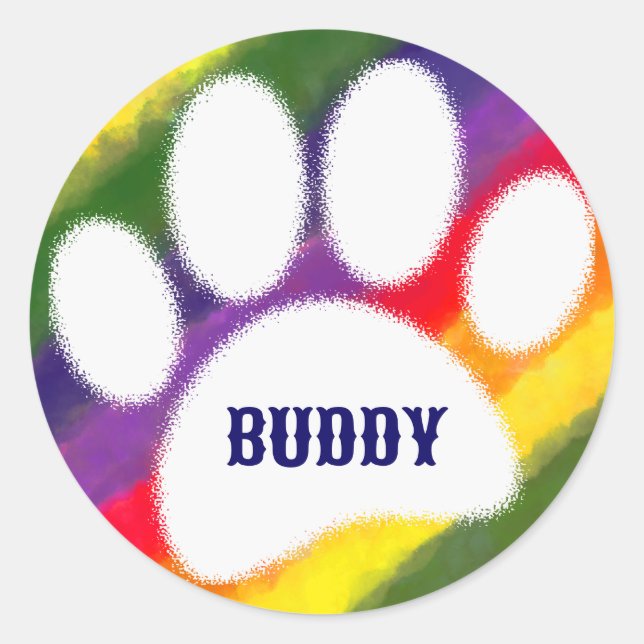 Adesivo Redondo Pawprint do Cachorro Arco-Íris Nome Personalizado (Frente)