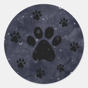 Adesivo Redondo Paws Star e Crescent Moons Blue Watercolor