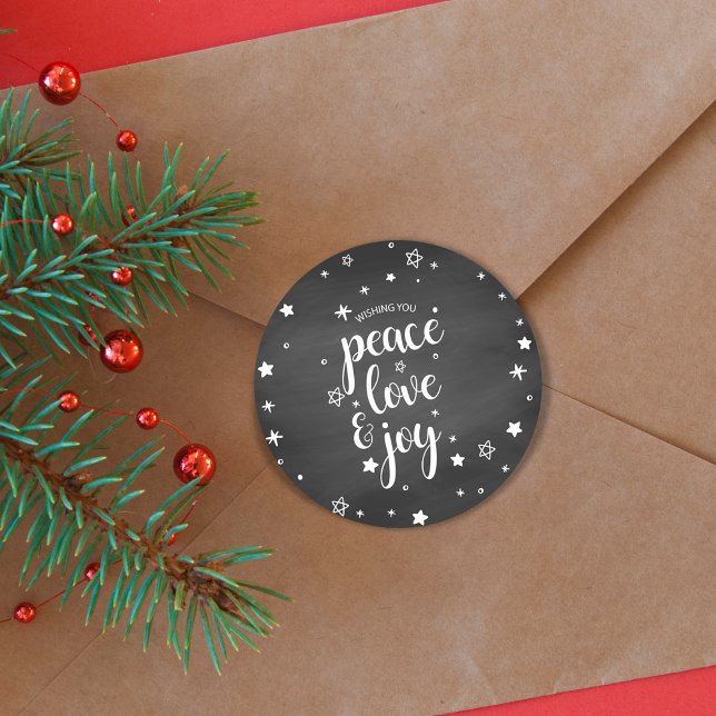 Adesivo Redondo Paz Amor Alegria Estrela Natal Feriado (Peace Love Joy Star Christmas Holiday Classic Round Sticker)