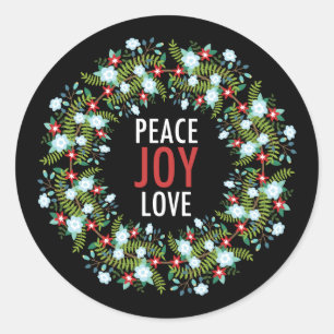 Adesivo Redondo Paz Amor Joy Wreath no Fundo Negro