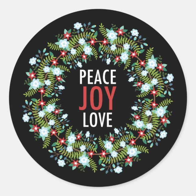 Adesivo Redondo Paz Amor Joy Wreath no Fundo Negro (Frente)