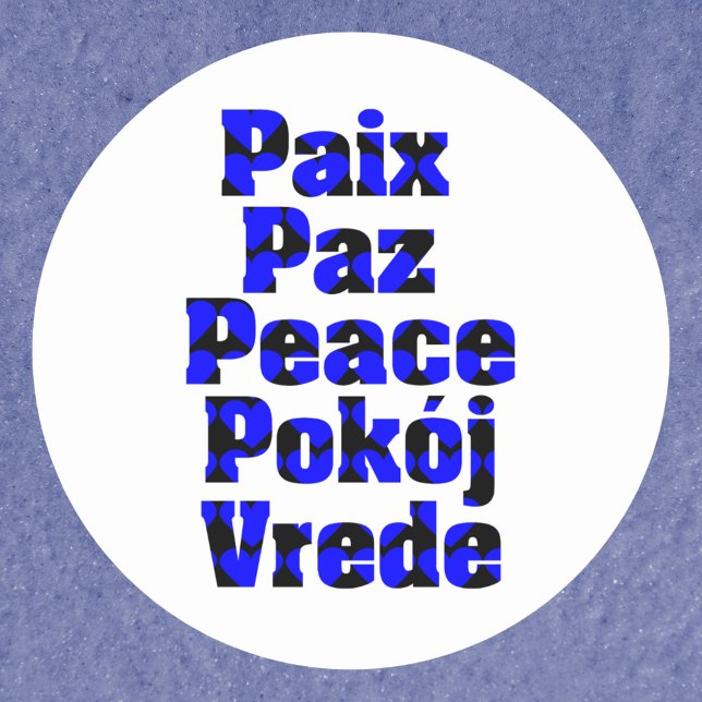 Adesivo Redondo Paz em Línguas Estrangeiras Corações Azuis (A sticker that says peace in different languages in blue and black heart pattern)
