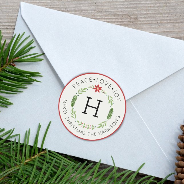 Adesivo Redondo Paz Festiva Amor Alegria Monograma (Festive Peace Love Joy Monogram Classic Round Sticker)