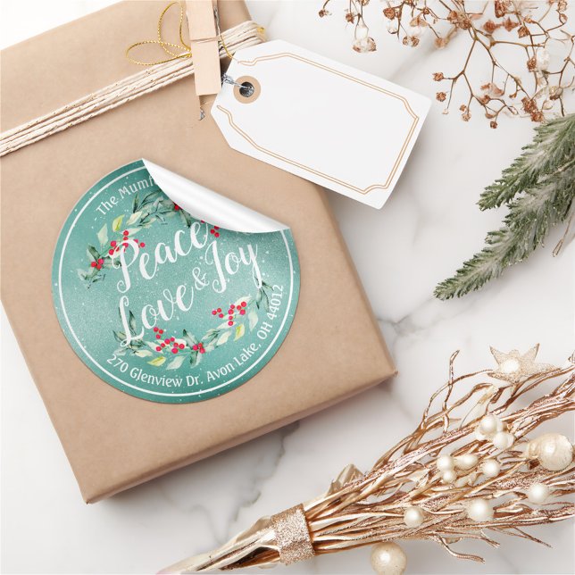 Adesivo Redondo Paz Joy & Love Feliz ano novo de Natal Endereço (Criador carregado)